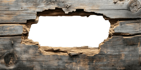 A hole in an old wooden wall with  on a transparent background, in a wooden frame