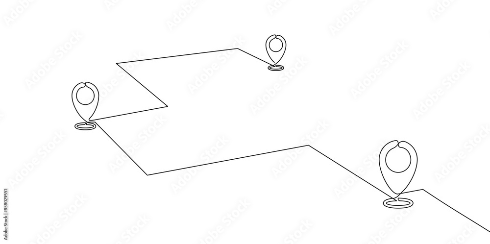 Poster Continuous one line drawing of path with map location pointers. Map pin or navigation pointer that mark geolocation with single line route or way. Vector.