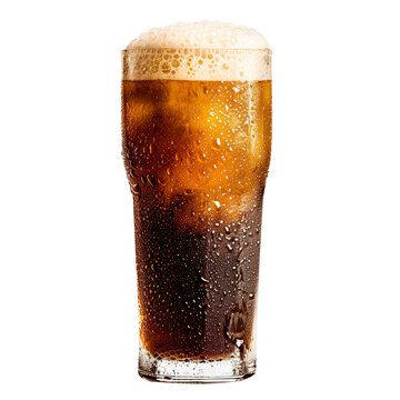 A frosty glass is filled to the brim with bubbly, dark caramel soda or root beer isolated on white background with clipping path