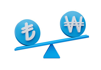 Obraz premium 3d White Lira and Won Symbol On Rounded Blue Icons With 3d Balance Weight Seesaw, 3d illustration 