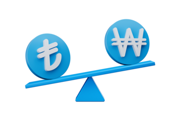 3d White Lira and Won Symbol On Rounded Blue Icons With 3d Balance Weight Seesaw, 3d illustration
