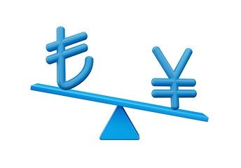 Obraz premium 3d Blue Lira And Yen Symbol Icons With 3d Blue Balance Weight Seesaw, 3d illustration 