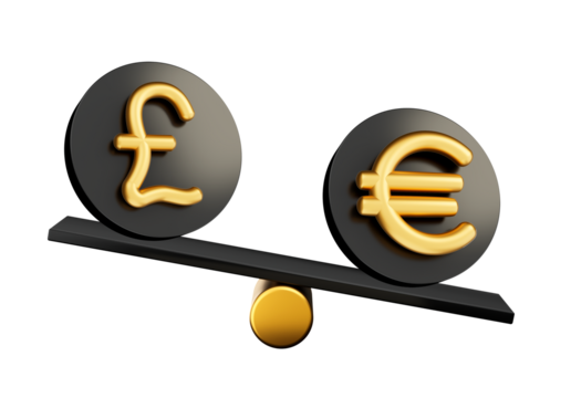 3d Golden Pound And Euro Symbol Rounded Black Icons With 3d Balance Weight Seesaw, 3d illustration
