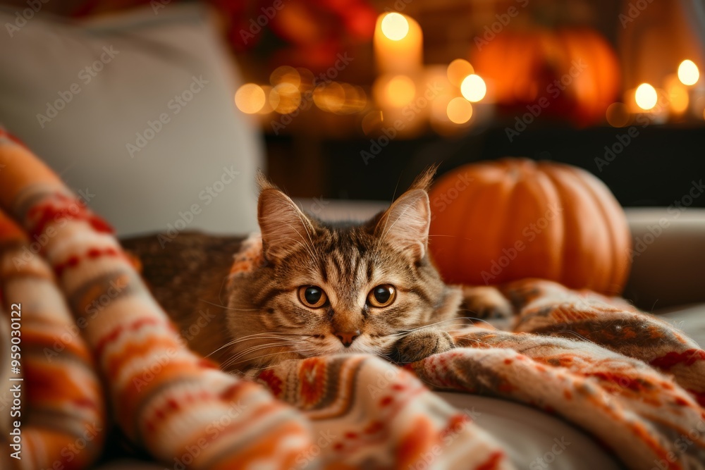 Wall mural cozy autumn cat with pumpkin and blankets