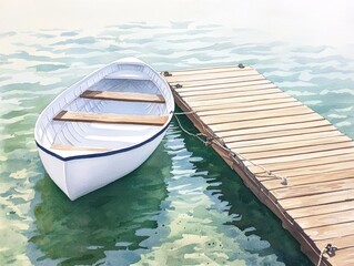 Obraz premium A small white boat rests at a wooden dock, tethered to the pier with a rope, on a calm, clear day.