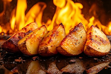 Fiery Baked Potato Wedges in Hyper Realistic High Definition - High Detail Image of Potatoes on Fire with Volumetric Light and High Contrast against Black Background