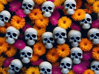 Halloween skull adorned with vibrant colorful flowers