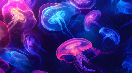 Jellyfish glow with colorful lights, hyperrealism, pattern, banner, place for text. Hyperrealism. Illustration