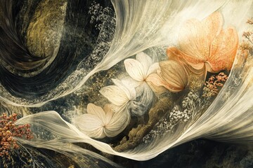 Abstract Floral Arrangement with Gauzy Fabric and Golden Hues