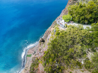 Drone aerial photography of Cabo Gir&atilde;o - tourist lookout point on a lofty sea cliff located along the southern coast of the Madeira Island