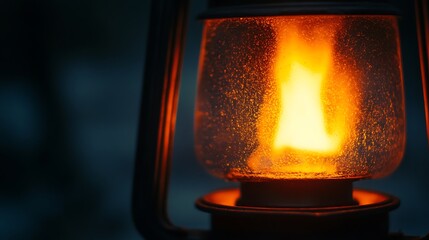 Enchanting Close-Up of Flickering Fire in Lantern Casting Warm Glow in Dark Setting