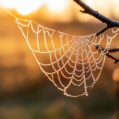 A spiderweb glistening with morning dew, backlit by the golden rays of the rising sun.