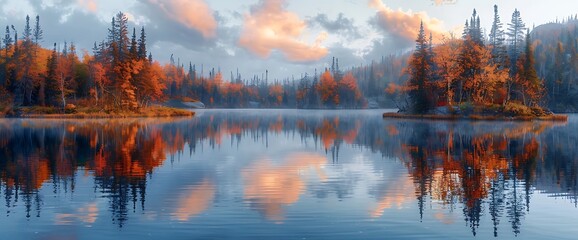 Serene lake surrounded by fall foliage with a peaceful reflection of the sky and trees.