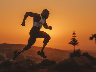 Male athlete with prosthetic legs running at sunset, powerful silhouette, determination and strength, adaptive sports journey, overcoming adversity, fitness motivation, dynamic outdoor action