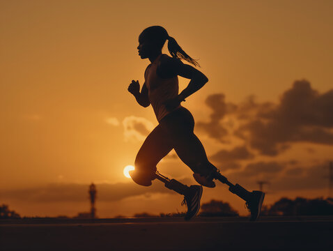 female athlete with prosthetic legs running at sunset, silhouette of strong woman in motion, determination and perseverance, adaptive sports, fitness journey