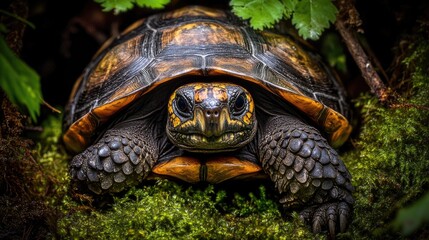 Naklejka premium A close-up of a turtle resting on moss in a lush, green environment.