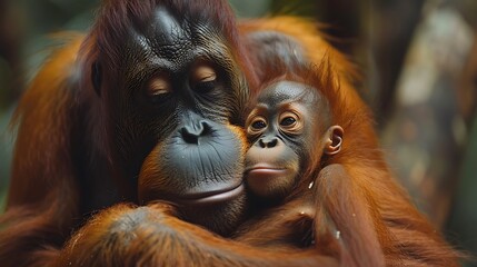 Naklejka premium A mother orangutan cradles her baby in a loving embrace.
