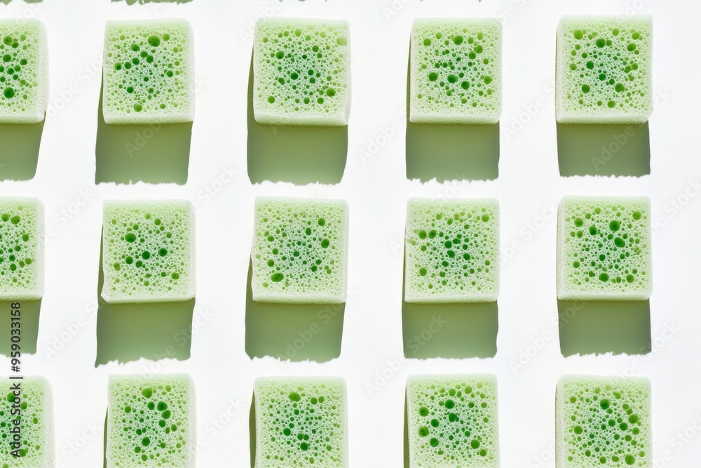Poster pattern of green sponges on white background casting soft shadows creates crisp and clean monochroma