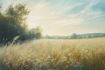 A Summer Meadow with Trees and a Hazy Sky