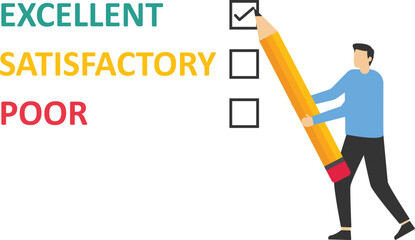 Businessman writing check list on the text solution. Performance evaluation form with red check mark on Excellent. Modern vector illustration in flat style

