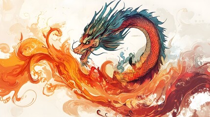 Fototapeta premium Chinese Zodiac Dragon with Fire and Water: A dragon intertwined with elements of fire and water, symbolizing its control over natural forces, illustrated in a dynamic and vibrant style. 