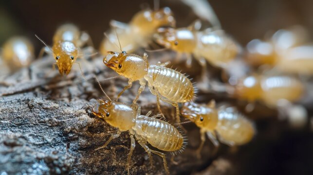 Tiny industrious termites working together on decaying wood at dusk