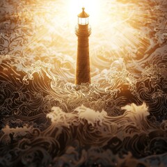 A tall lighthouse stands strong amidst swirling waves, bathed in golden light. It symbolizes hope and guidance in a turbulent sea.