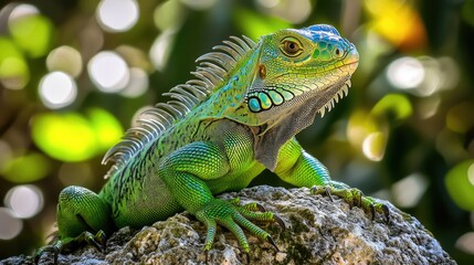 Naklejka premium A vibrant green iguana perched on a rock, showcasing its colorful scales and spines.