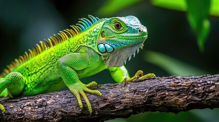 Fototapeta premium A vibrant green iguana perched on a branch in a natural setting.