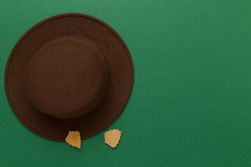 Brown autumn hat on color background, top view