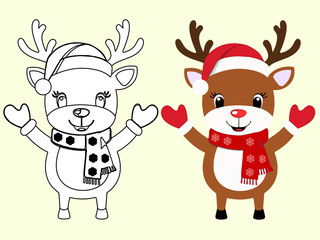 linear and vector illustration for children's coloring and book dancing cute Christmas deer with scarf with snowflakes and red Christmas hat like Santa