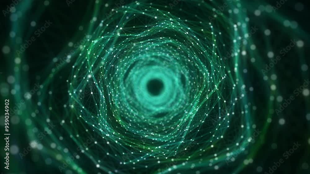 Poster Abstract 3d portal. Tunnel or wormhole. Digital background with connected green dots. 3d rendering.