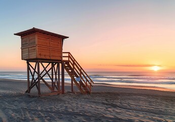 a wooden lifeguard tower at the beach, sunset in Seville Spain