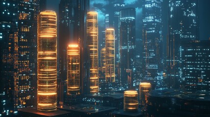Futuristic Cityscape with Glowing Coins and High-Tech Elements