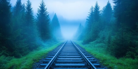 Fototapeta premium Unused train tracks that lead to a foggy forest tell the tale of nature taking back control.