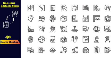 Stroke Icon Set for Health Checkups. This collection features medical care service icons, including checkups, patients, doctors, treatments, blood pressure, healthy food, injections, and health cards.