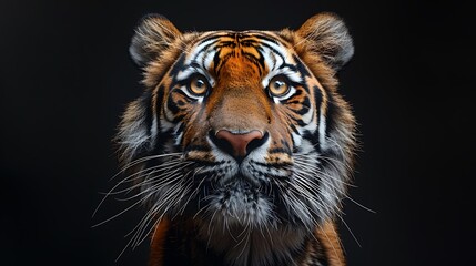 Fototapeta premium Close-up portrait of a majestic tiger with piercing blue eyes staring directly at the camera against a black background.