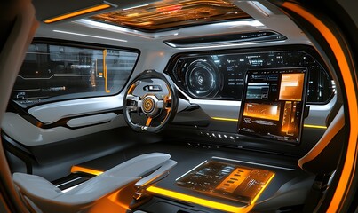 Futuristic Car Interior with Orange Accents and Digital Displays