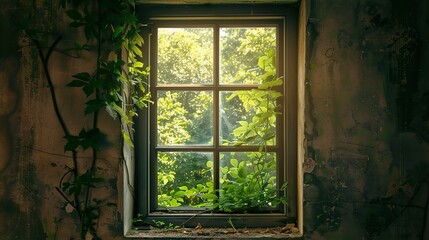 A window with overgrown vines framing a view of a lush green forest.