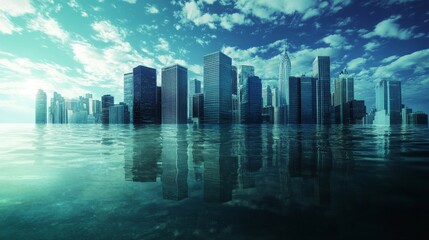 Fototapeta premium Futuristic Cityscape Submerged in Water: Climate Change Visual