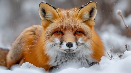Obraz premium A red fox sits in the snow, looking directly at the camera.