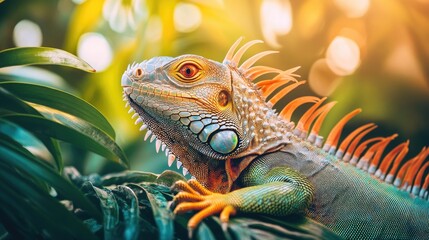 Obraz premium A vibrant iguana perched among lush green foliage, showcasing its colorful scales.