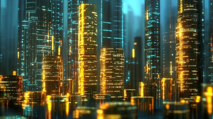 Futuristic Cityscape with Glowing Coins and High-Tech Elements