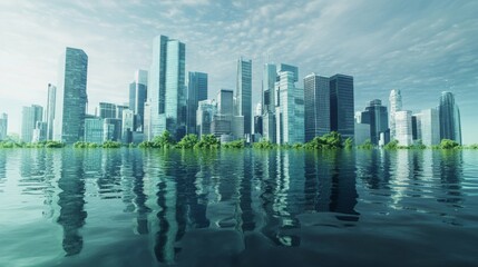 Fototapeta premium Futuristic Cityscape Submerged in Water: Climate Change Visual