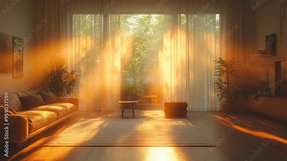 Poster Sunlight Streaming Through Curtains In Modern Living Room