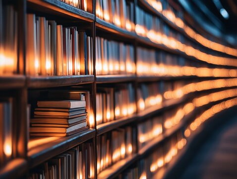A warm glow illuminates a bookshelf filled with rows of books. The soft light creates a sense of peace and tranquility.