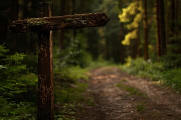 A weathered wooden signpost points the way on a dirt path through a dense, sun-dappled forest.