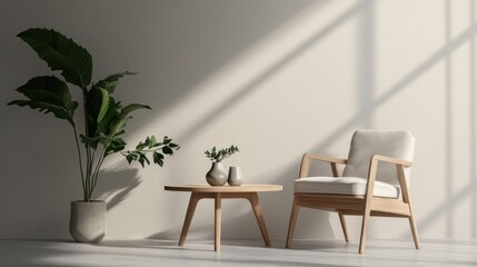 Fototapeta premium Minimalist Living Room Interior Design with a White Chair and a Wooden Table