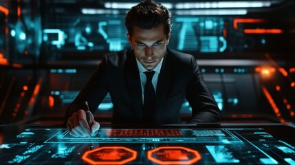 Cybersecurity Specialist Working on Futuristic Interface