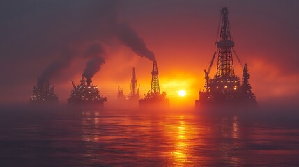 Oil rigs silhouetted against a fiery sunset, smoke rising from the rigs, sea water reflecting the orange glow of the sun.